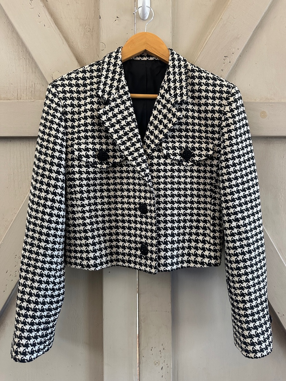 Vintage Doncaster 100% Silk Black Cream Houndstooth Blazer Jacket Size 8